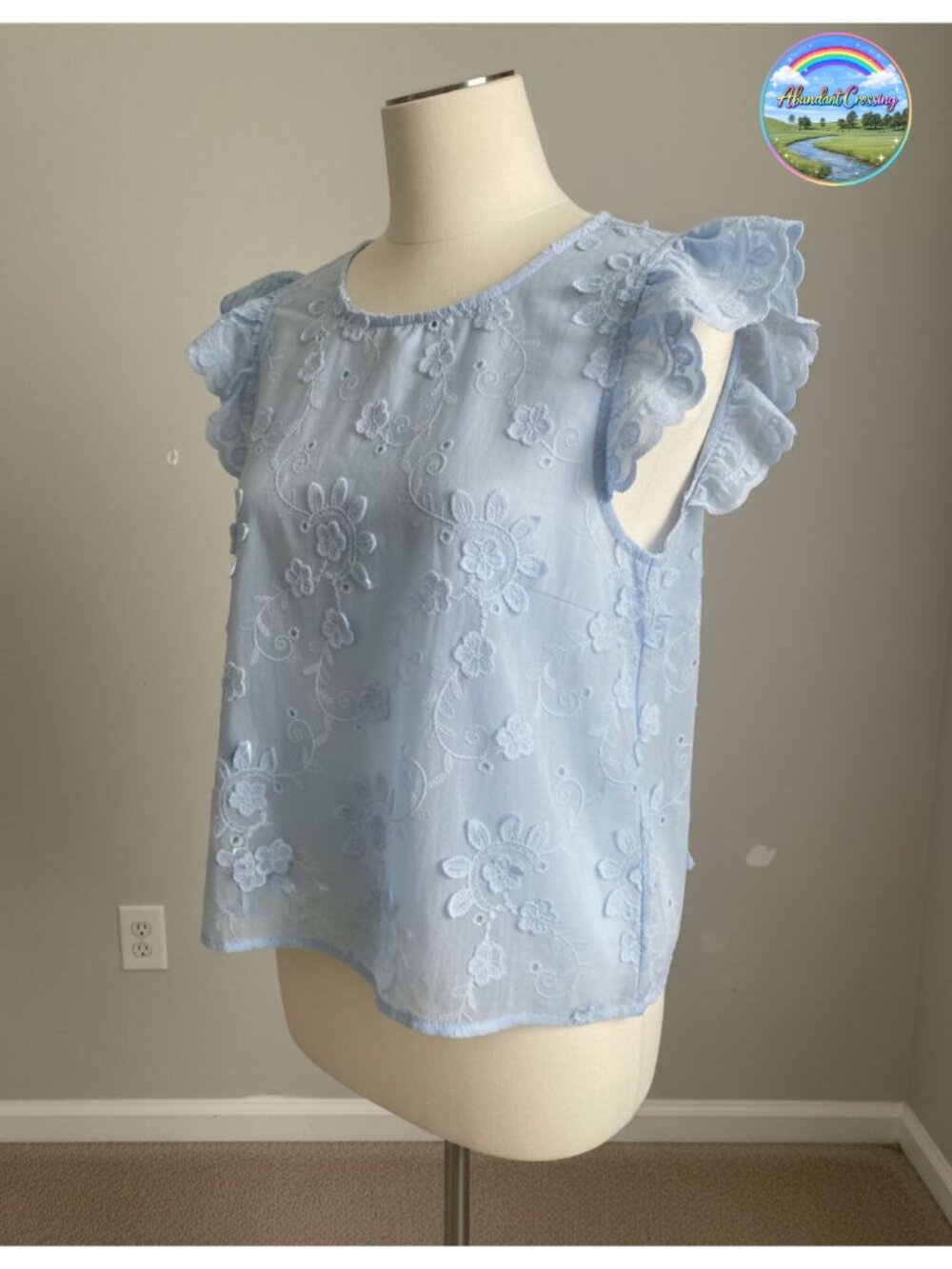 Womens Lace Embroidered Eyelet Blouse Cap Sleeve Boho Ruffle Top